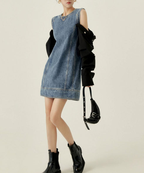 Detachable Sleeve Denim Mini Dress